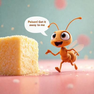 The primary subject of the image is a cartoon-like insect, possibly a bee or a grasshopper, standing next to a piece of cake. The insect is smiling and appears to be enjoying the cake. The setting is a pink surface, which adds a playful and cheerful atmosphere to the scene. The visual style is a combination of digital art and illustration, creating a whimsical and fun image.